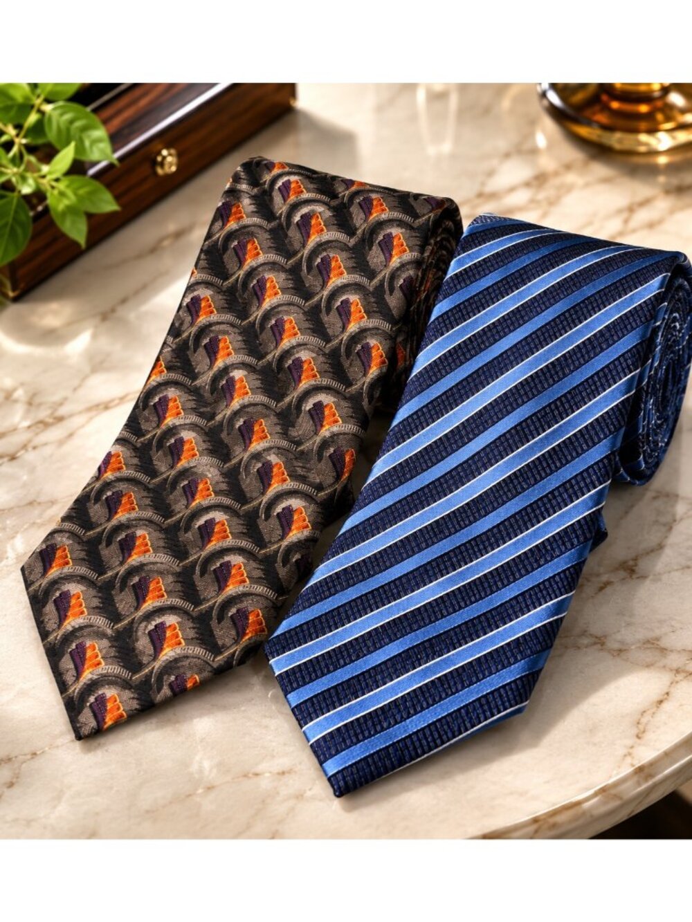 Ermenegildo Zegna 2-Piece Silk Tie Lot Made in Italy | Blue Stripe & Brown Geome
